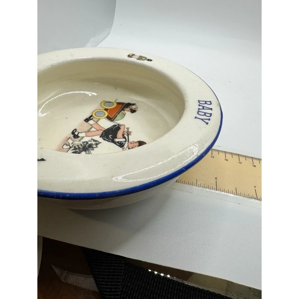 Antique Czecho-Slovakia Ceramic Baby Bowl 1920s Girl with Pram Dog Blue Trim 6in
